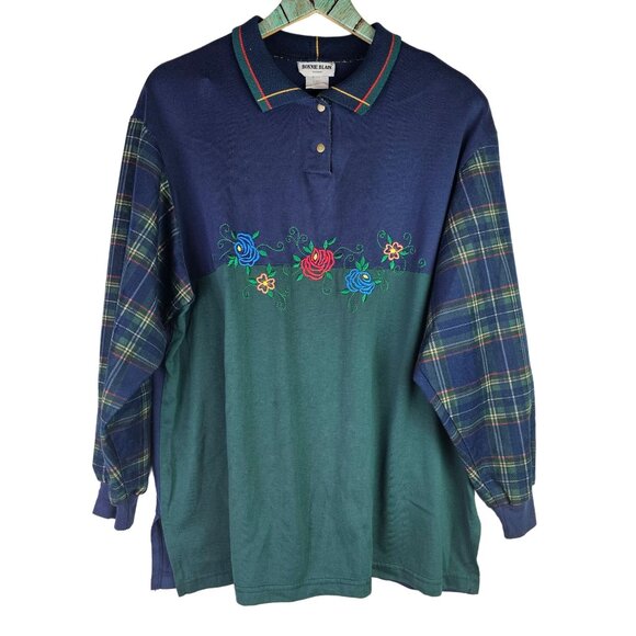 Vintage Bonnie Blain Collar Plaid Floral Contrasting Long Sleeve Shirt,  EUC, 1X - Picture 1 of 5